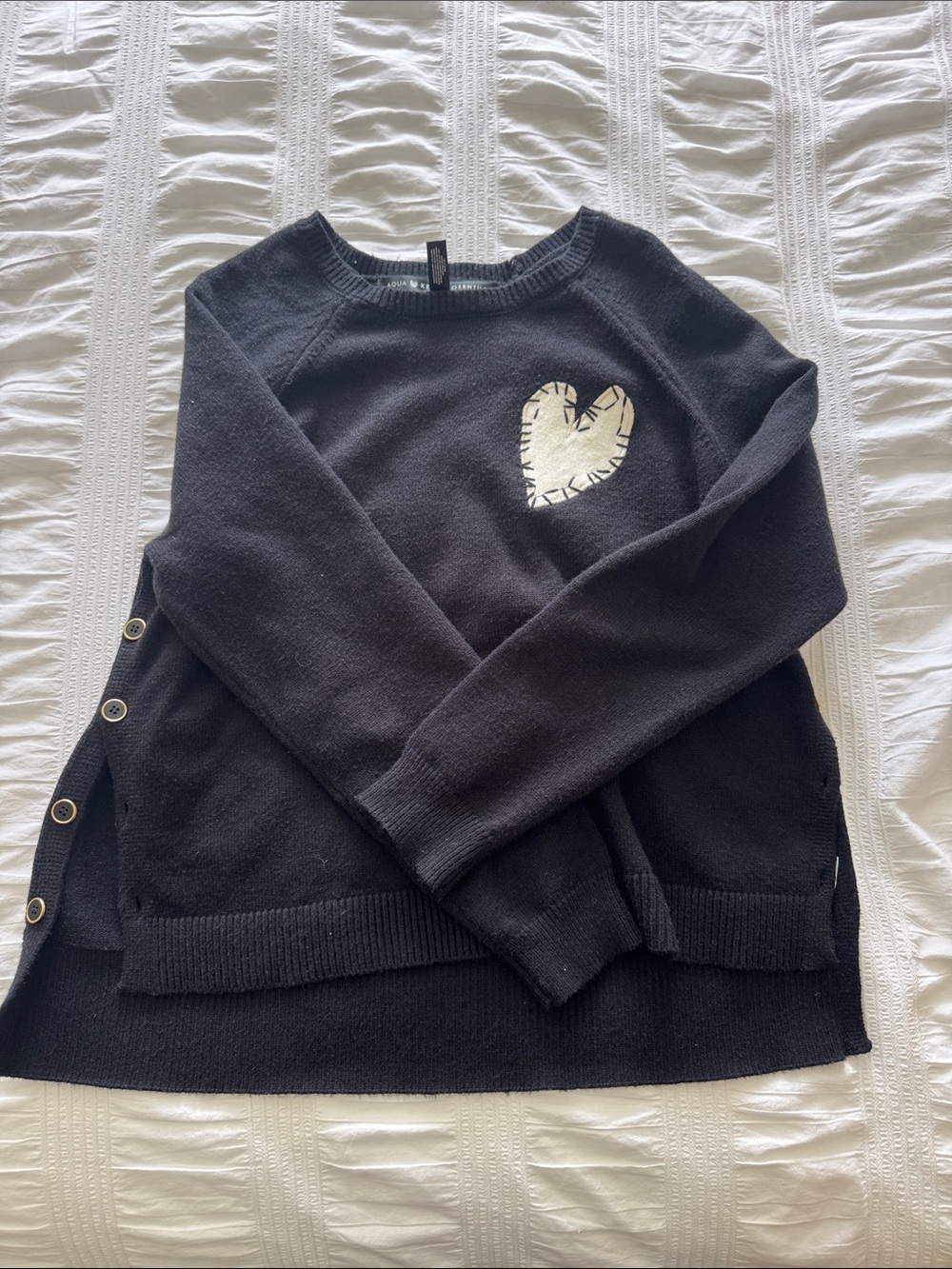 Women's Black Crewneck Sweater with Cream Heart Accent